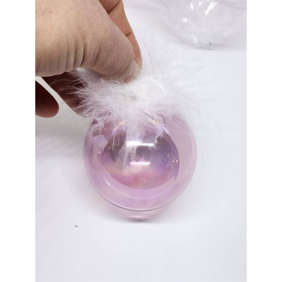 NIB At Home 5 Pc Glass Ornament Set With Faux Fur Accents Pink White - Picture 2 of 3